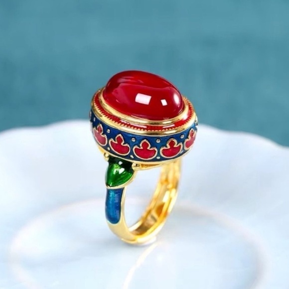 Ethnic Vintage Red Cabochon Enamel Ring - Picture 7 of 9